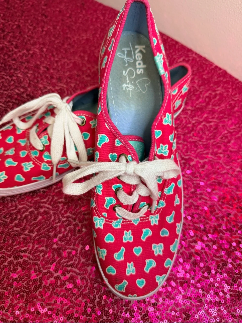 Keds Pink Canvas Taylor Swift Sneakers with Teal Heart Print